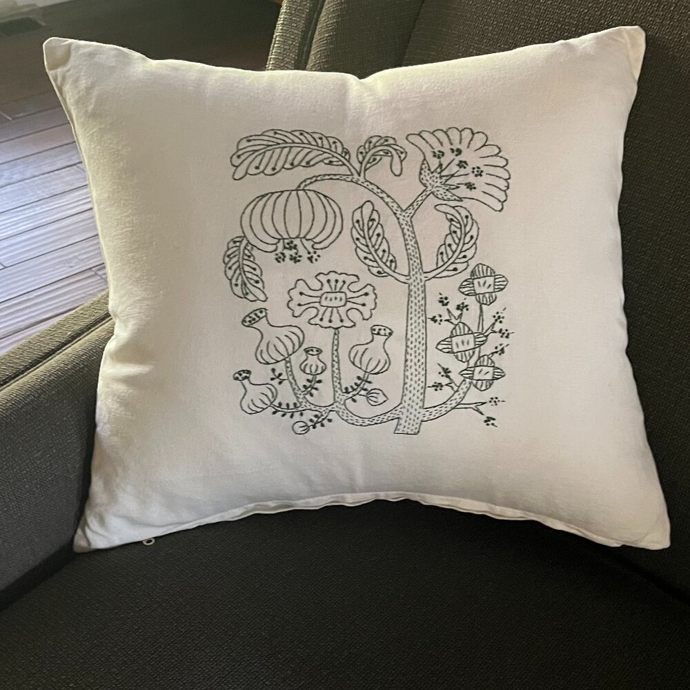 Hand embroidered throw pillow -- dark green on cream